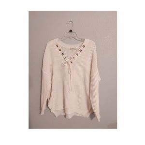 Rib Knit Lace Up V-Neck Sweater